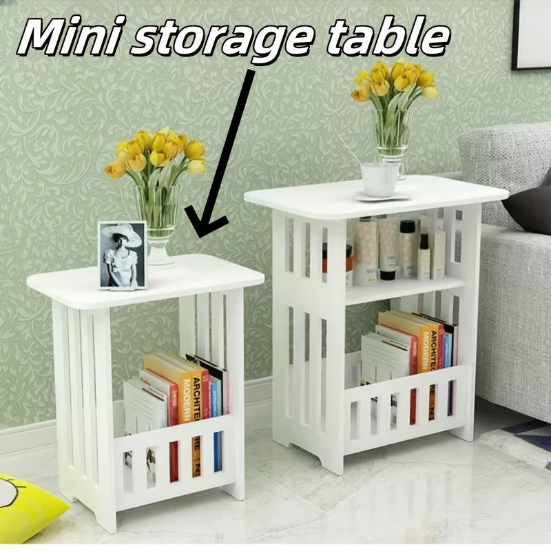 Mesa de almacenamiento minimalista nórdica de madera con estantes para dormitorio o sala de estar