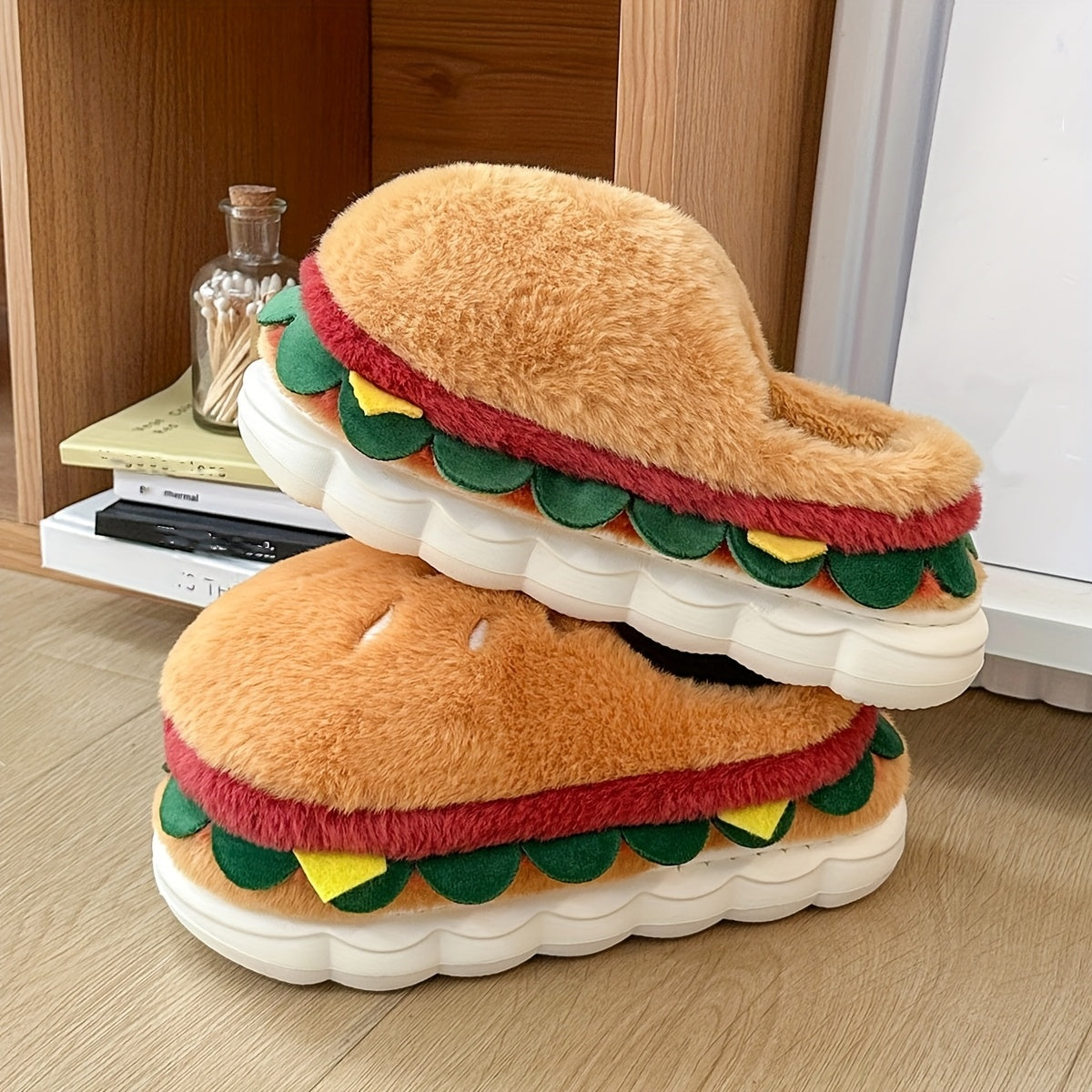 Unisex Plush Slippers Winter Warm Soft Fabric EVA Sole Playful Hamburger Design