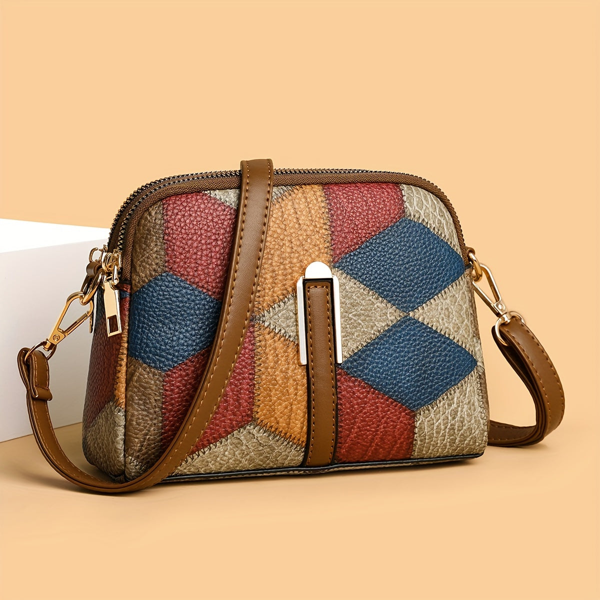 Women's Colorblock Crossbody Bag with Retro Rhombus Pattern PU Zipper Adjustable Strap