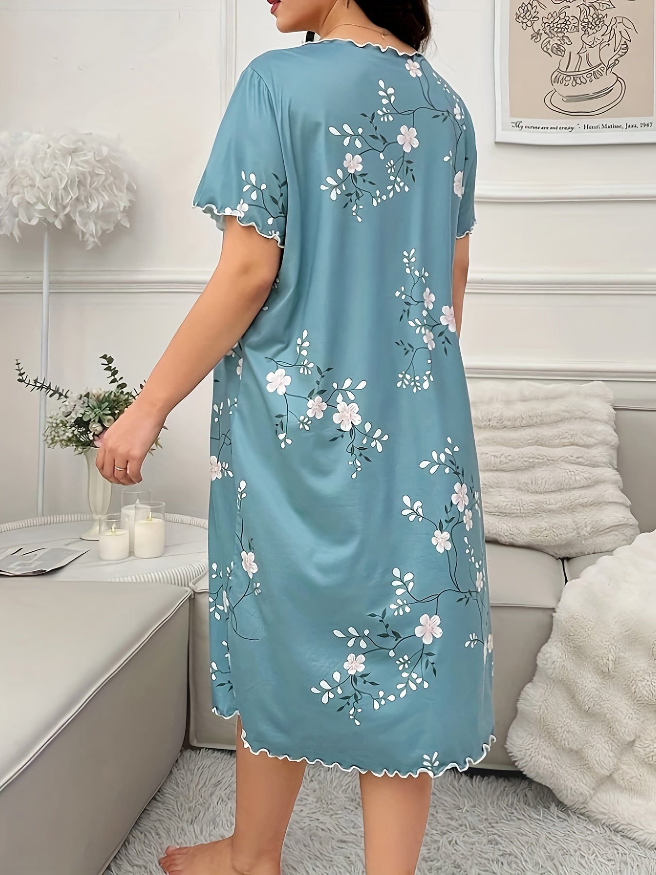Plus Size Floral Short Sleeve Nightgown Sleep Dress Lightweight Comfortable