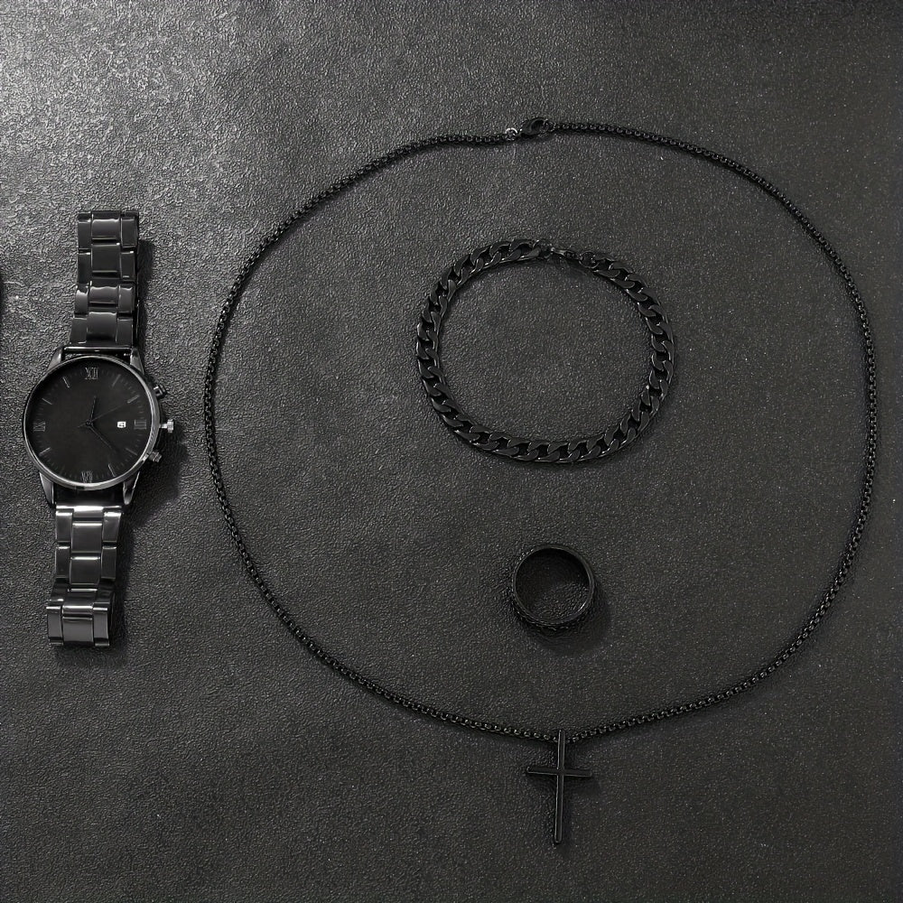 Men's Jewelry Set Black Quartz Watch with Calendar Cross Pendant Necklace Ring Bracelet