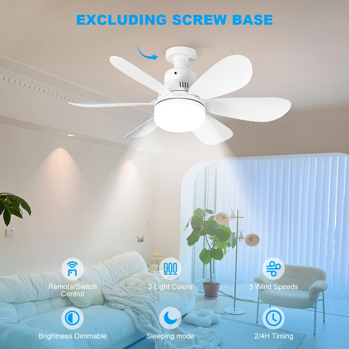 Smart Ceiling Fan with Dimmable LED Lights E26/E27 Socket for Home Use