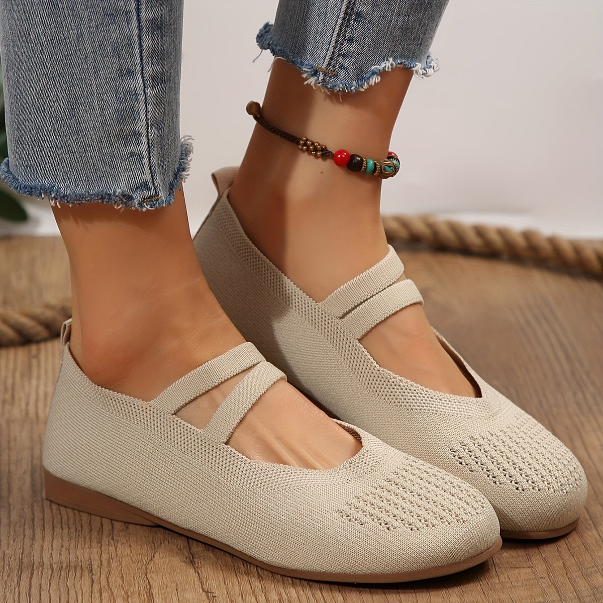 Women's Knitted Flats Ankle Band Breathable Slip-On Shoes
