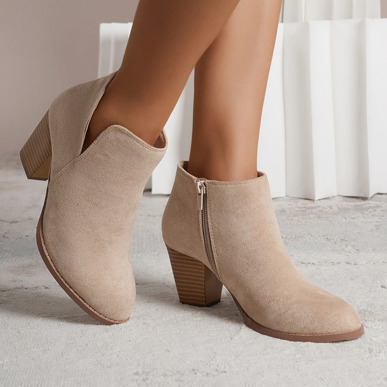 Women's Retro Block Heel Ankle Boots Brown Zipper Casual All-Season