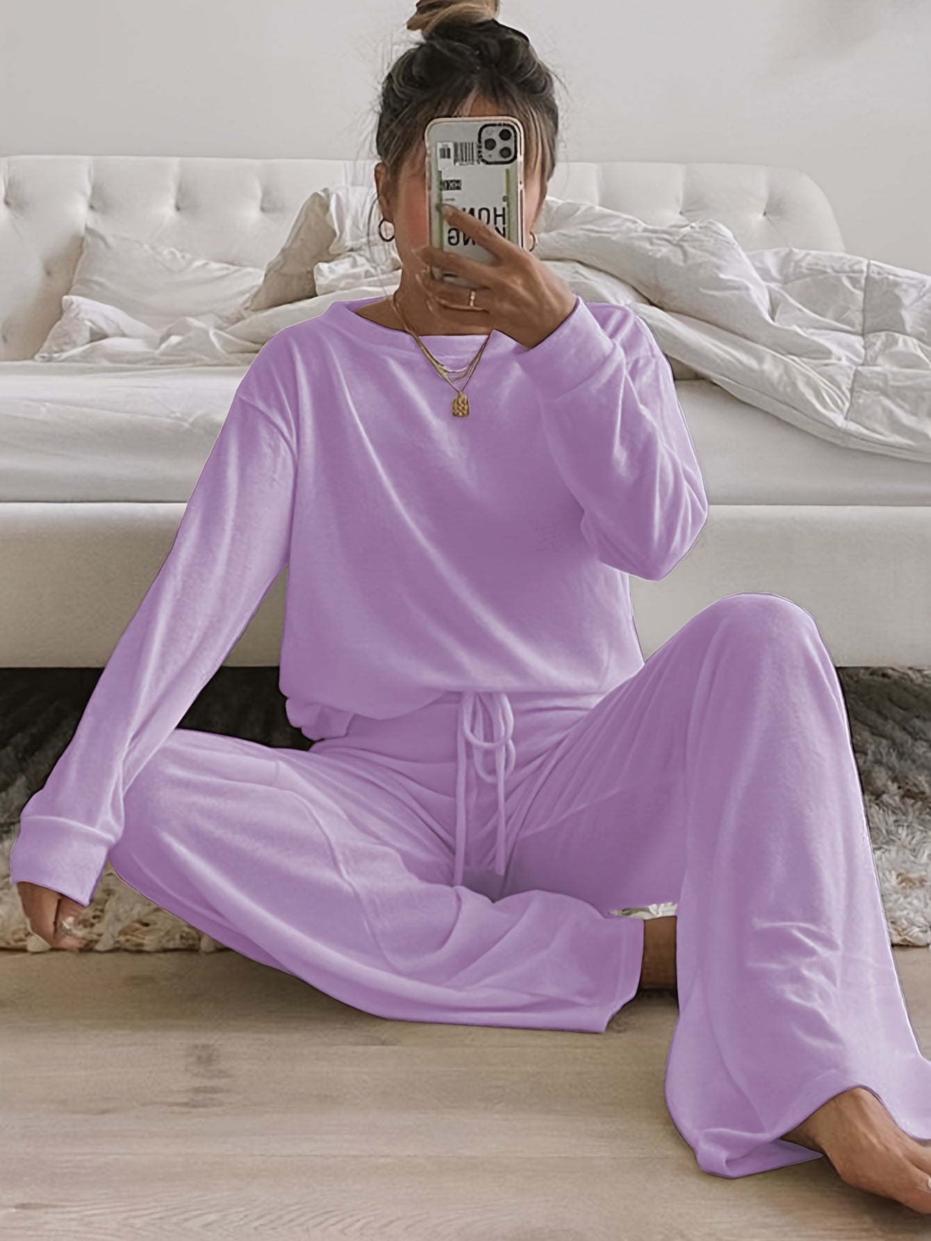 Conjunto de descanso sólido para mujer en otoño, con top de manga larga y pantalones con cordón