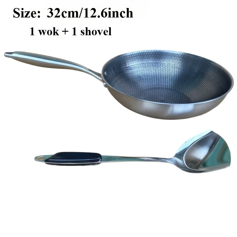 Stainless Steel Wok with Honeycomb Pattern Non-Stick Scratch-Resistant for Stir-Frying on Gas and Induction Cooktops
