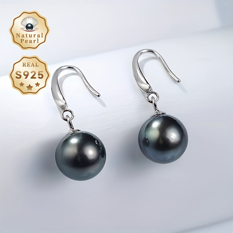 Women’s Black Tahitian Pearl Earrings 9-10mm Silver Dangle Jewelry Gift Box