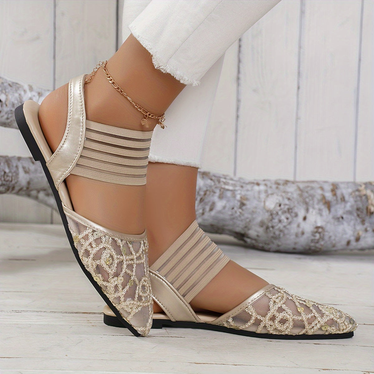 Women's Mesh Pointed Toe Sandals Breathable Slip-On Flat Shoes