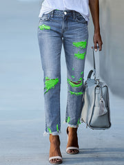 Jeans ajustados rotos de talla grande con dobladillo crudo y mezclilla de alto elasticidad