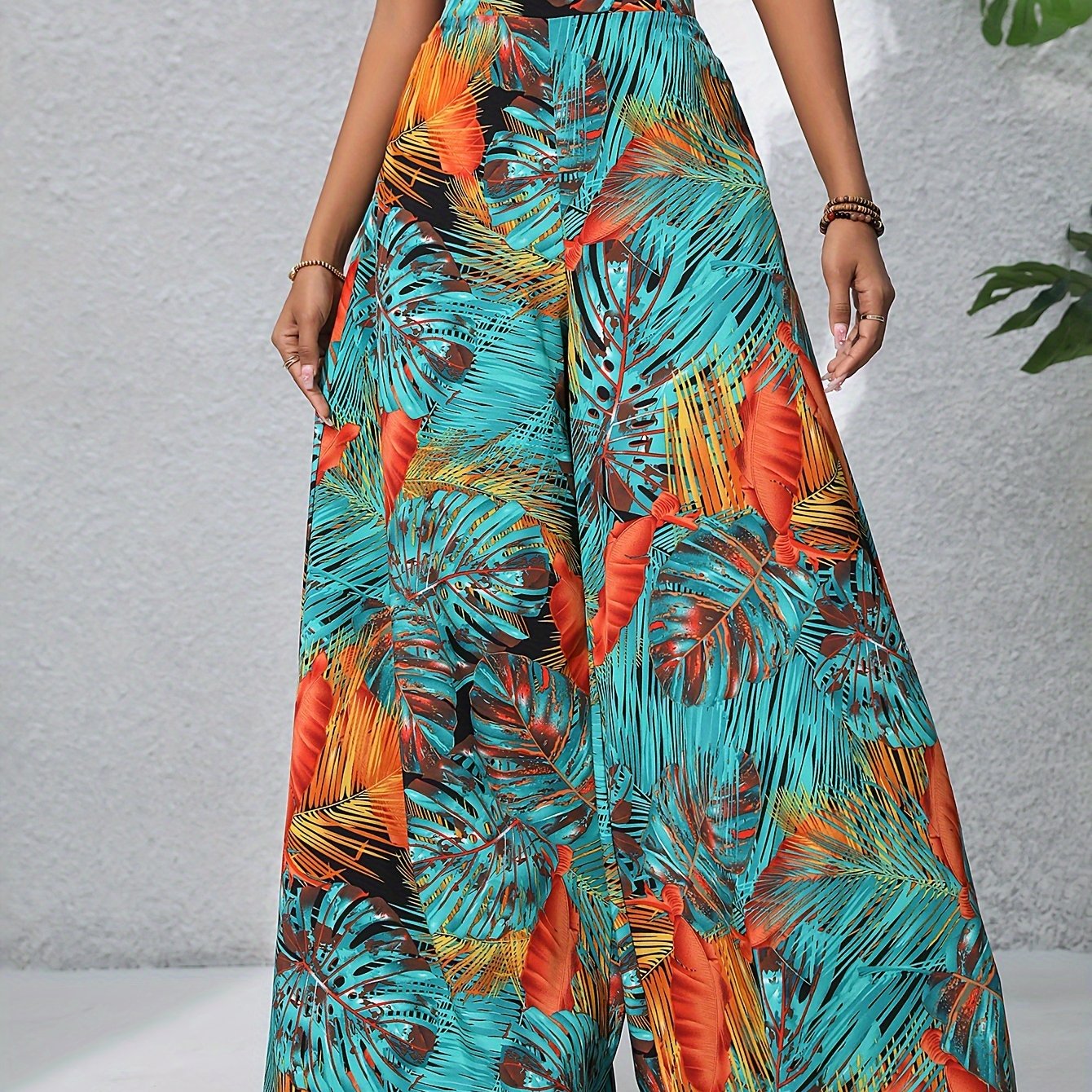 Women's Boho Plants Print Wide Leg Palazzo Pants Summer Beach High Waist Polyester