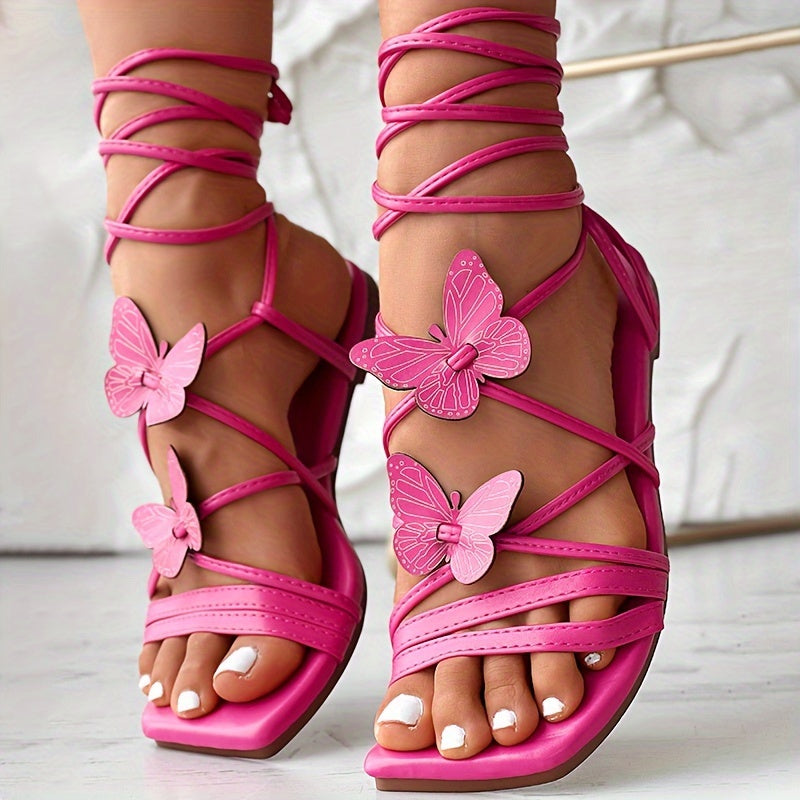 Women's 3D Butterfly Decor Flat Sandals Crisscross Straps Beach Shoes