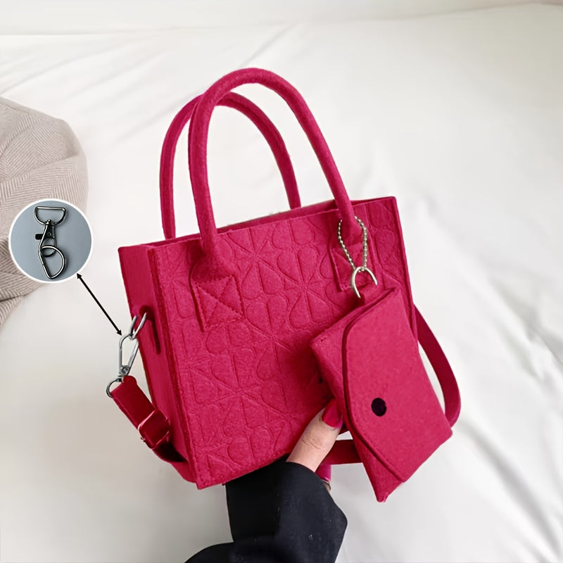 Bolso casual de fieltro con patrón en relieve, correa ajustable, sin forro, bolso de hombro no tejido en varios colores