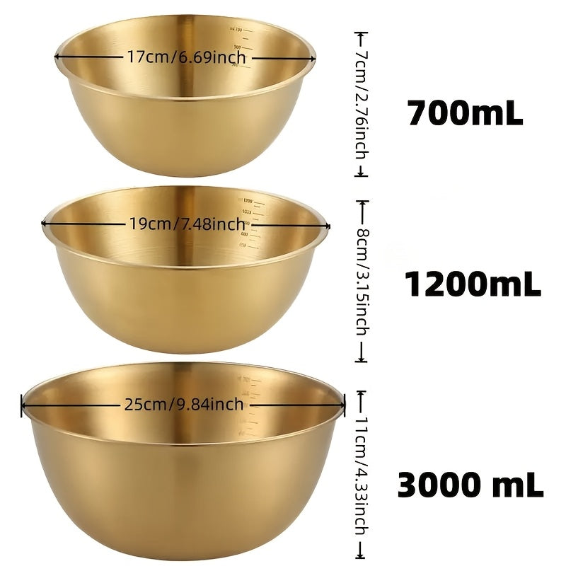 Set of 3 Stainless Steel Salad Bowls with Measuring Marks 700ml 1200ml 3000ml