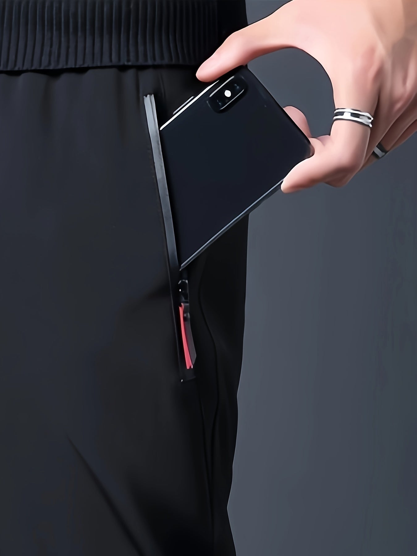 Men's Casual Solid Polyester Pants with Zipper Pockets Drawstring Barrel Trousers for Outdoor Activities