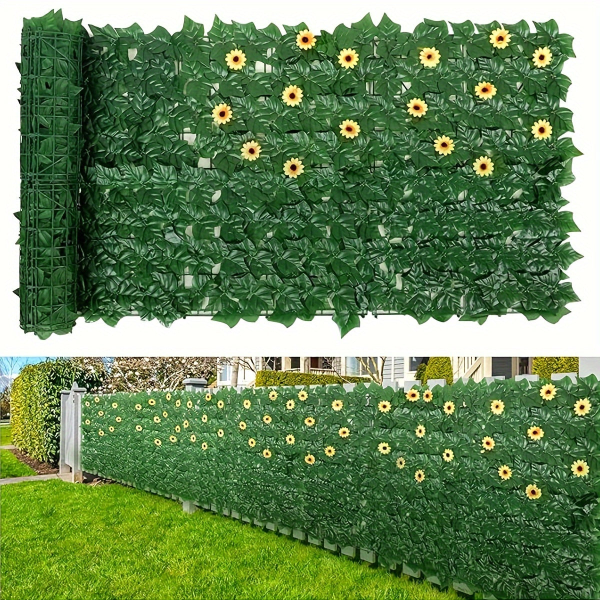 Artificial Ivy Fence Panel with Sunflowers Outdoor Privacy Screen UV-Resistant Plastic Vine