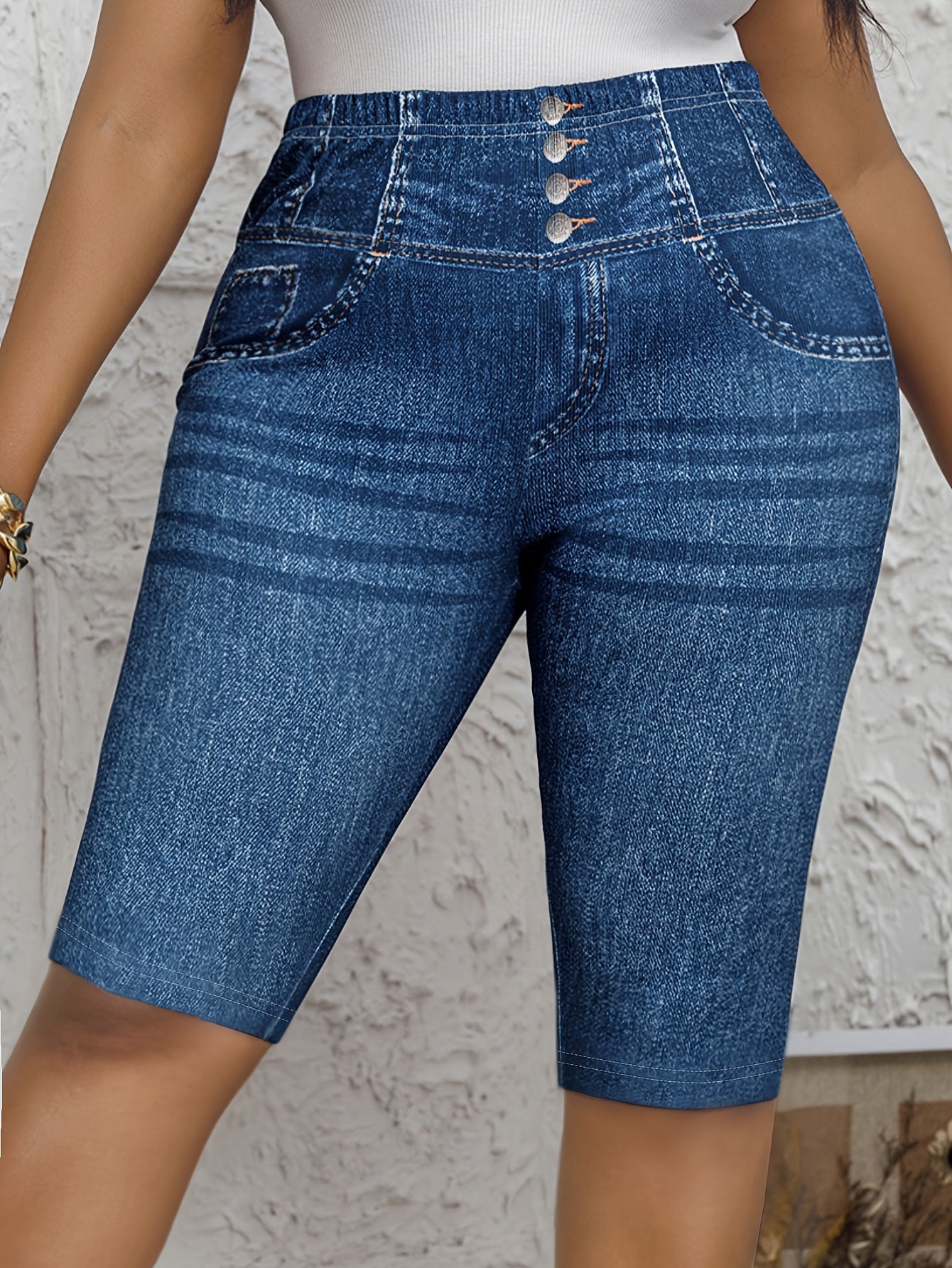 Plus-Size Women's Fitted Capri Pants Faux Denim Print Casual