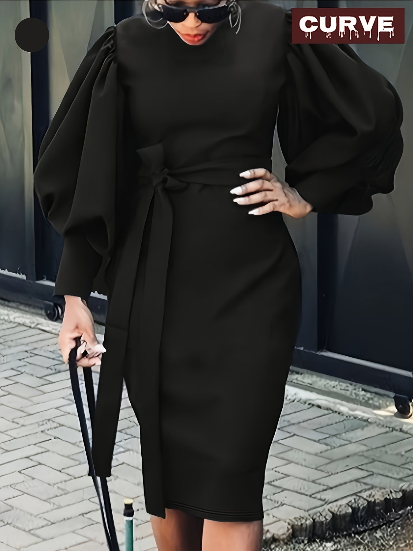 Women's Plus Size Solid Color Lantern Sleeve Casual Dress with Tie Waist