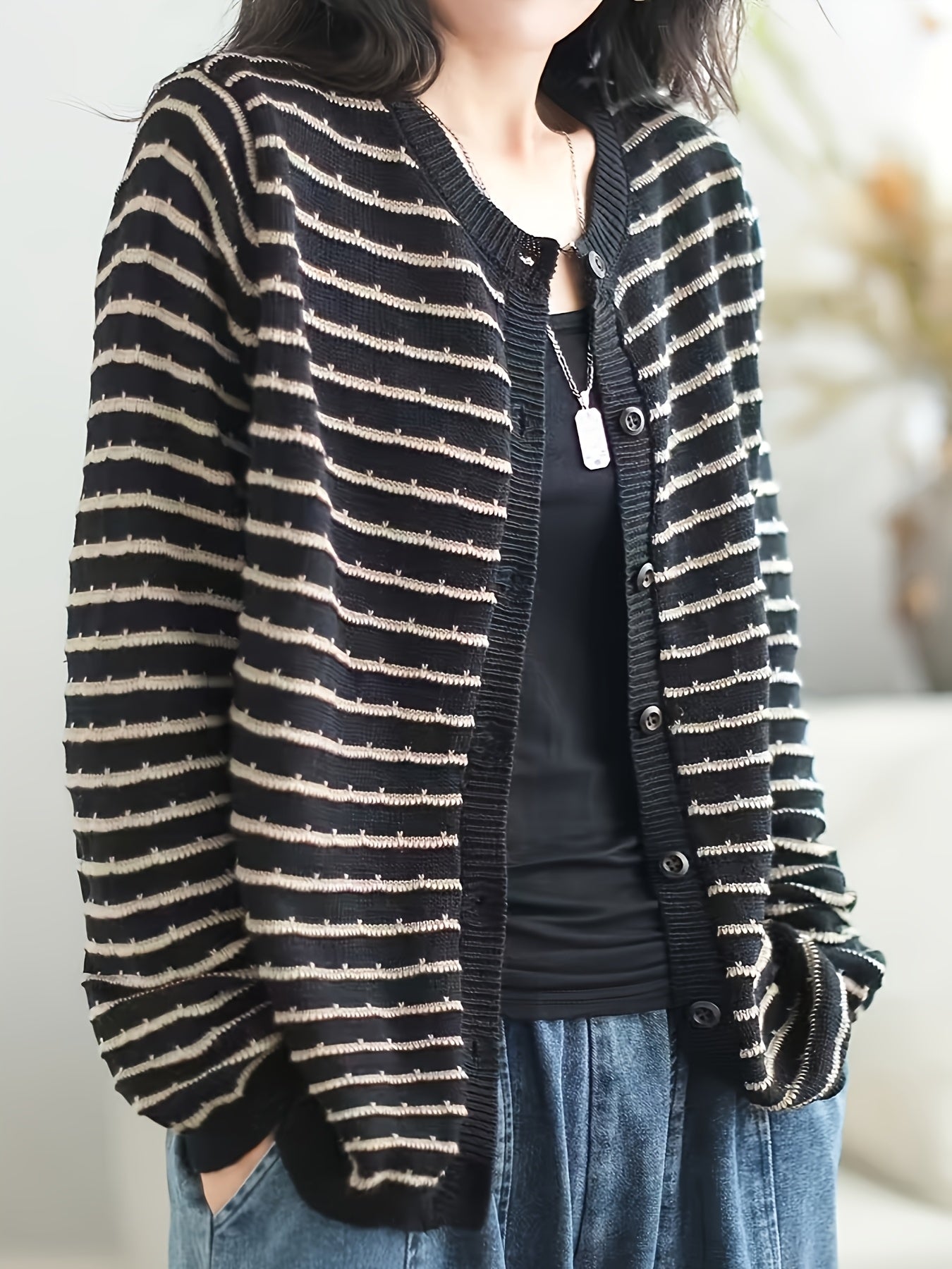 Women's Casual Striped Sweater Retro Cardigan Fall Spring Loose Outerwear