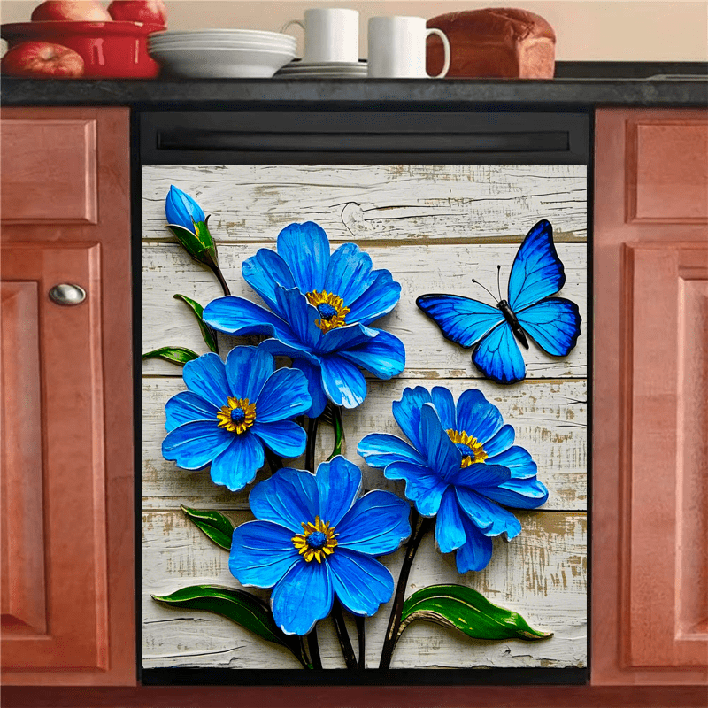 Oq va ko'k gullar bilan bezatilgan, suv o'tkazmaydigan vinil stiker, oshxona texnikasi uchun