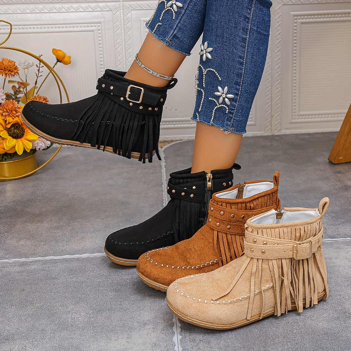 Women’s Short Boots With Tassel Decor, Side Zipper, Comfortable Winter Boots
