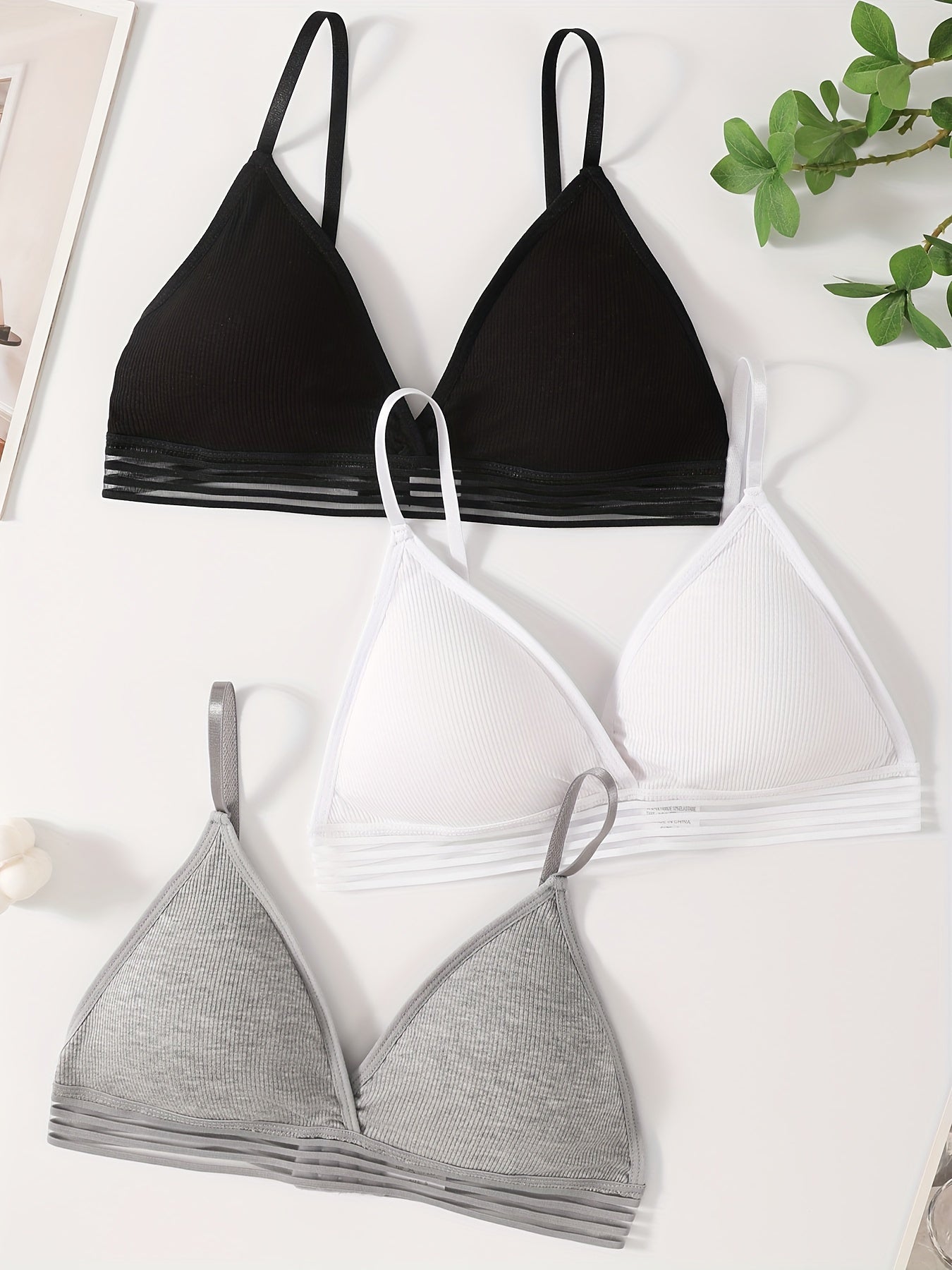 Women's Ribbed Wireless Bras with Removable Pads and Stripes in Black White Gray