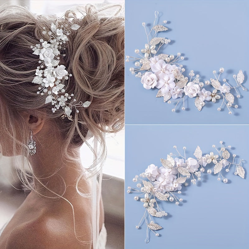 Bridal Hair Accessory Leaf-Inspired Faux Pearl Rhinestone Headband for Weddings