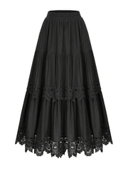 Katta o'lchamdagi qavatli yubka, dantel tafsilotlari bilan, polyester, A-shakl, uzun, elastik bel, bir rangda, barcha mavsumlar uchun keng fit.