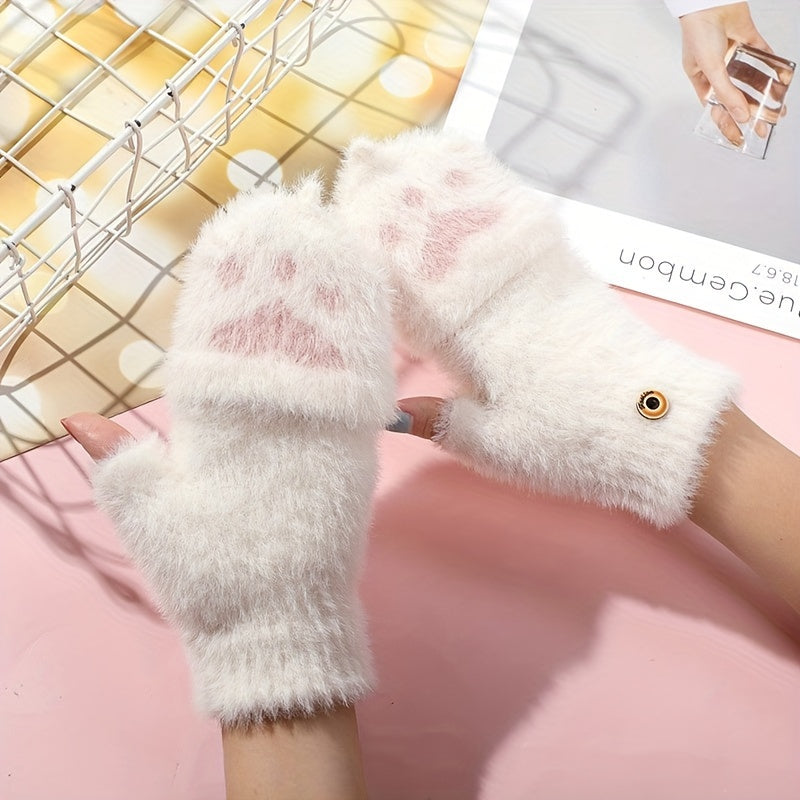 Women's Half-Finger Convertible Gloves with Cat Claw Design and Plush Material