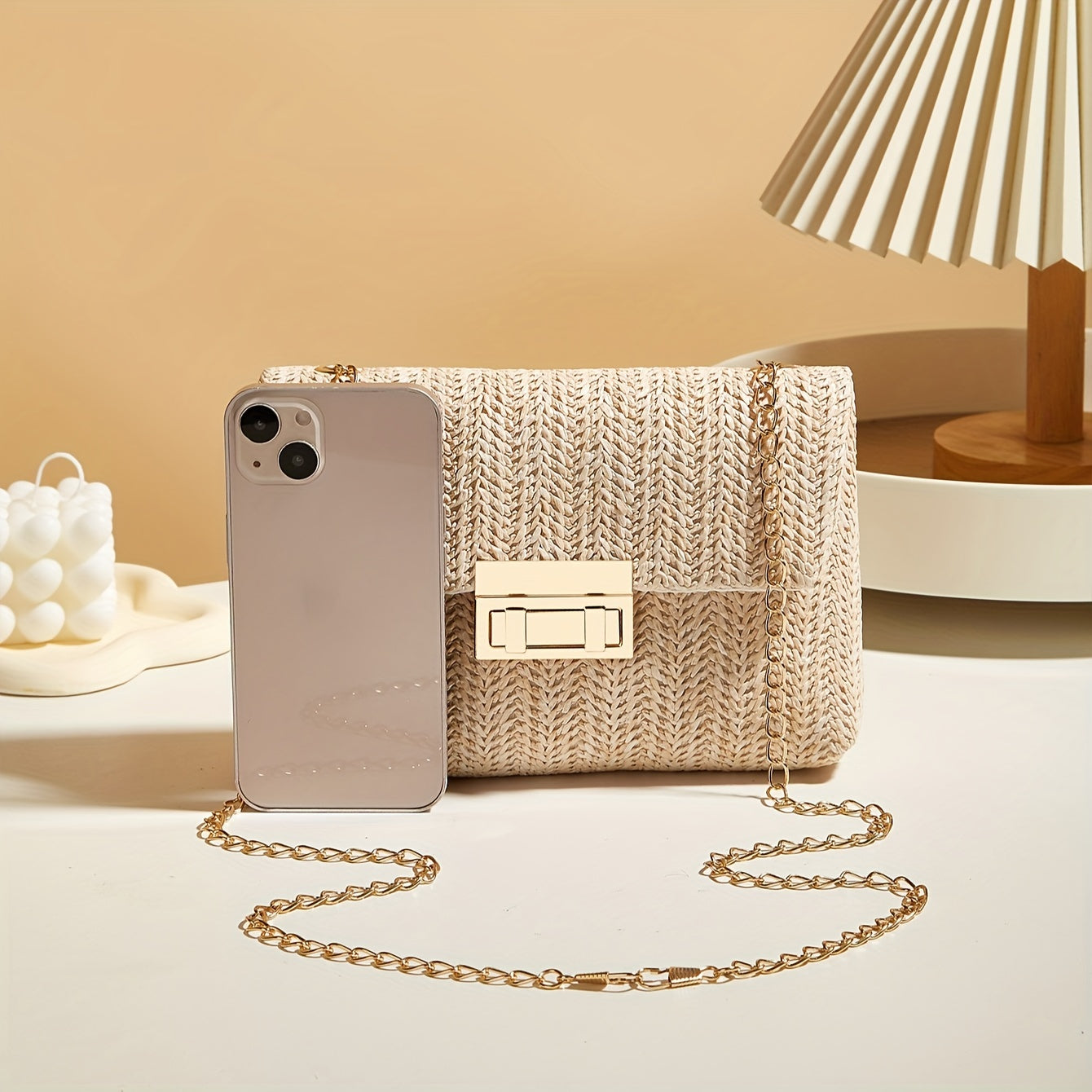 Bolso de hombro de tela entretejida para mujer con correa de cadena y hebilla de cierre, bandolera casual, color beige caqui