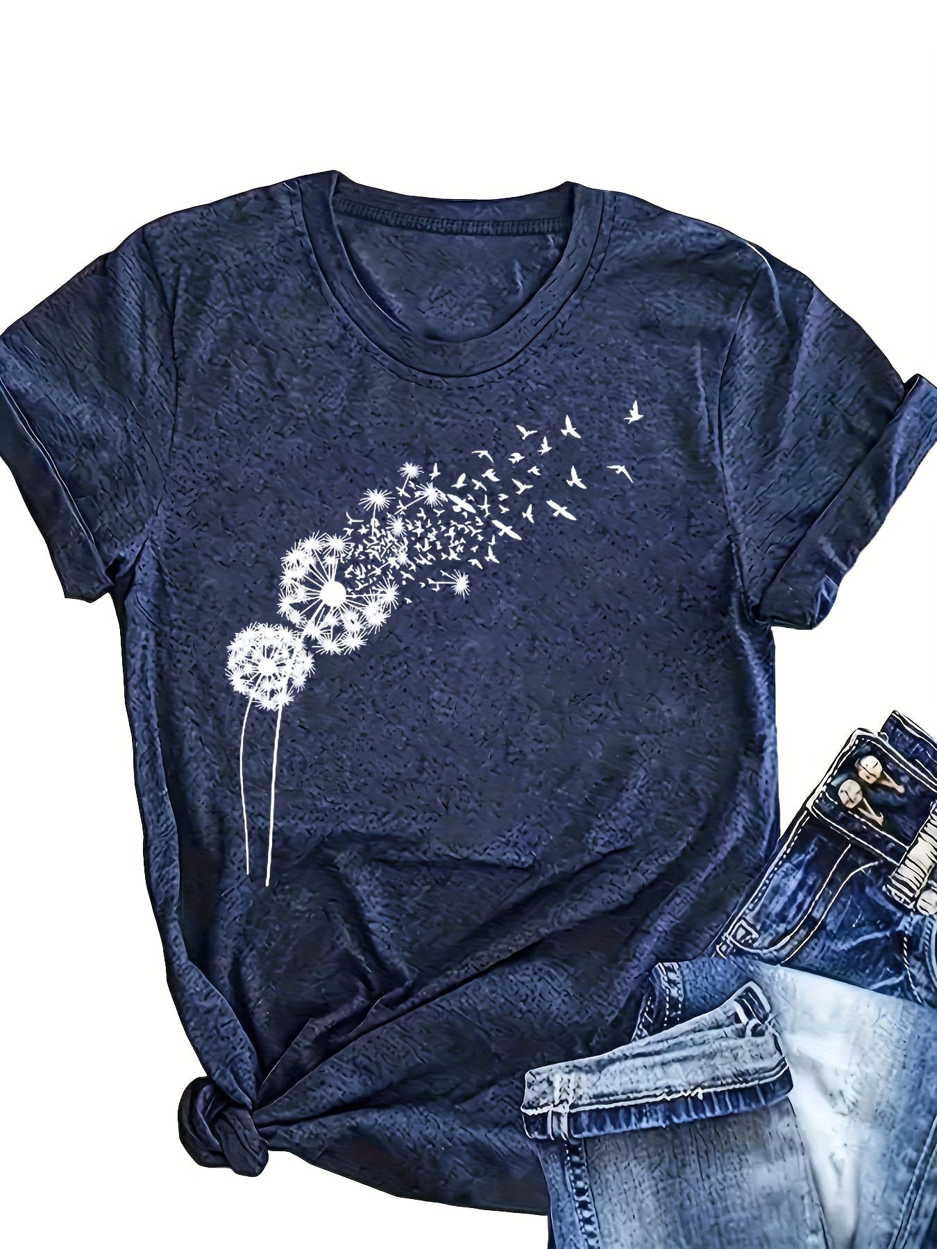 Women's Green T-Shirt with Dandelion & Birds Graphic Short Sleeve