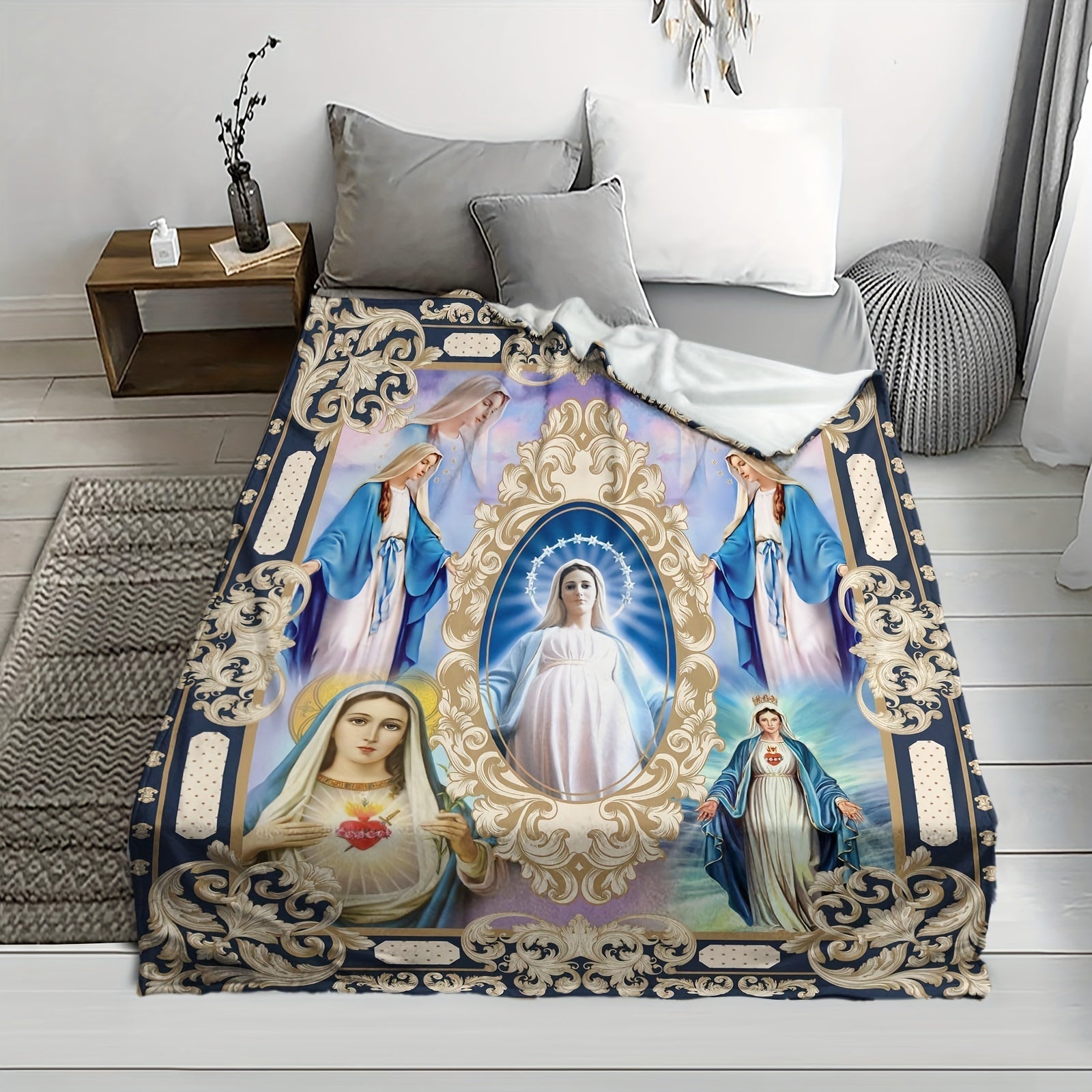 Religious Blanket Virgin Mary Flannel Fleece Throw for Christians and Catholics