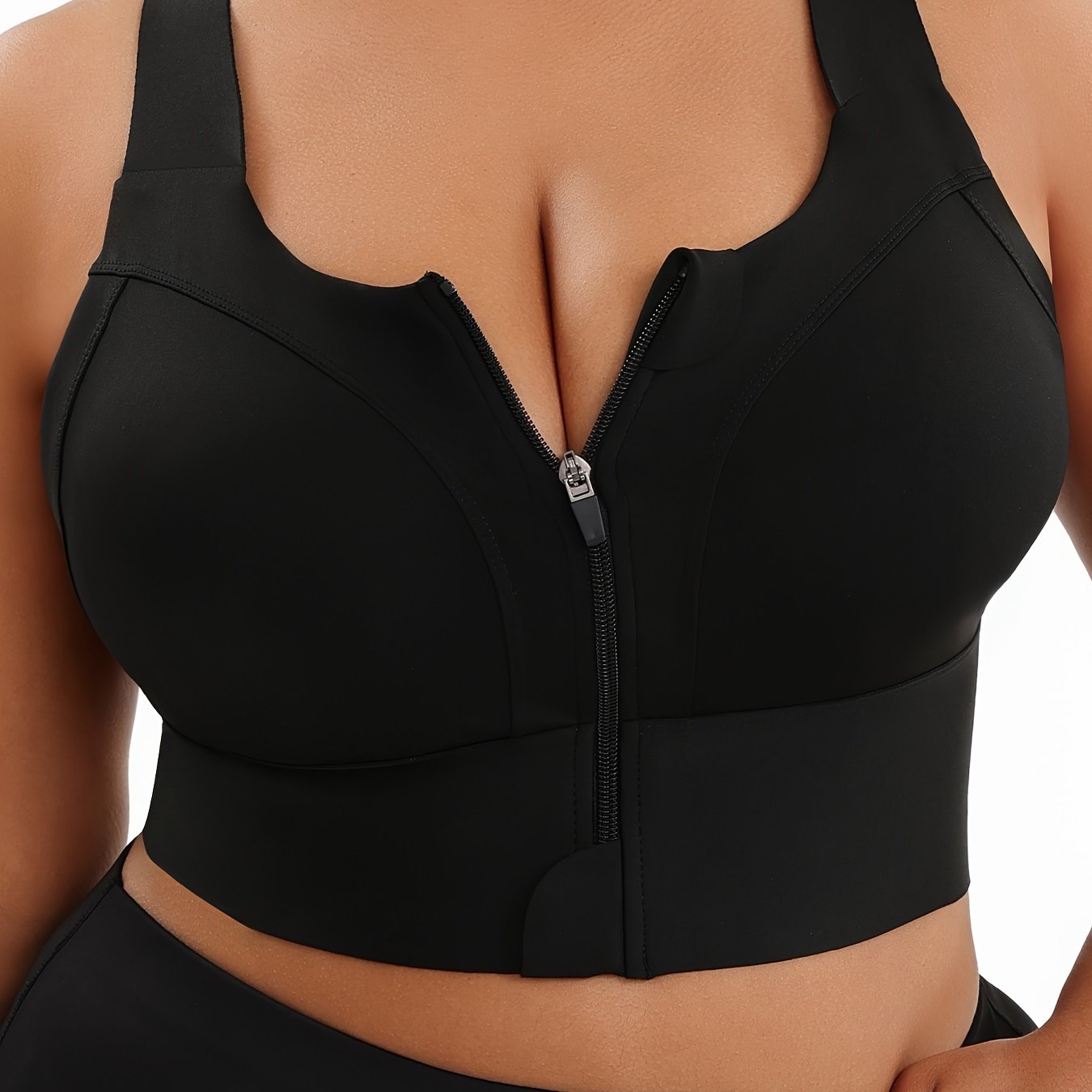 Women's Plus Size High Support Sports Bra with Zipper Black for Yoga Running