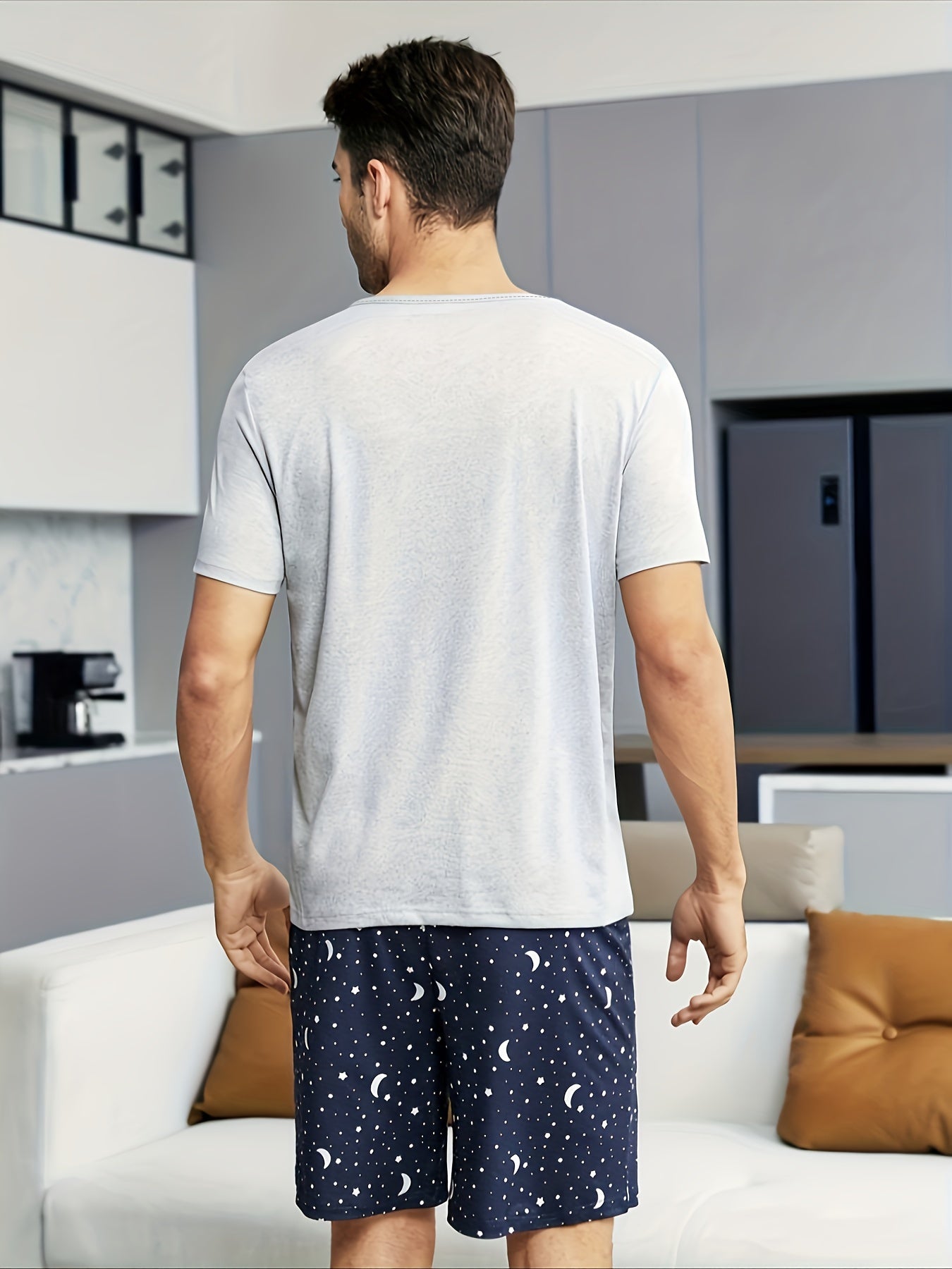 Conjunto de pijama para hombre Galaxy Sky Estrellado, de punto casual, poliéster, manga corta