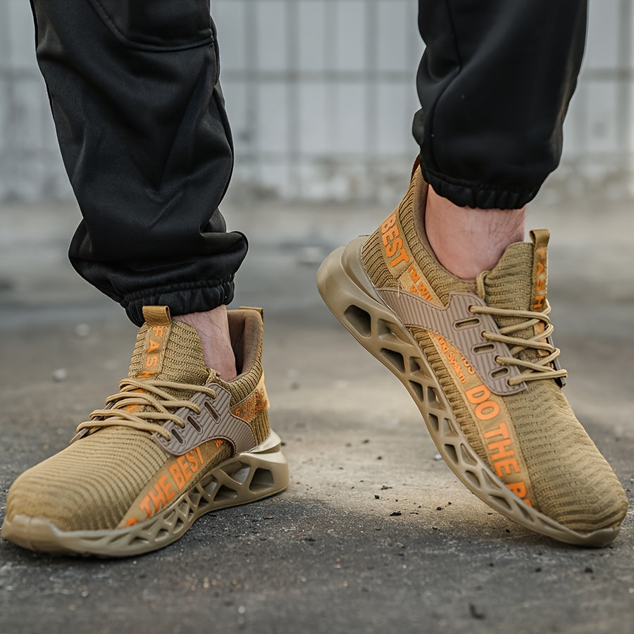 Women'S Plus Size Safety Sneakers Breathable Knit Beige Steel Toe Anti-Puncture