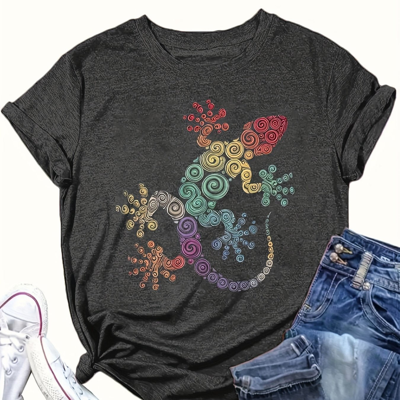 Plus Size Colorful Spiral Gecko Print T-Shirt Casual Breathable Summer Autumn
