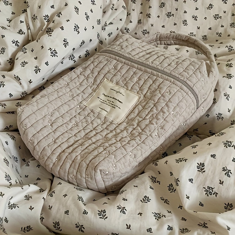 Khaki Embroidered Diaper Bag with Zipper for On-the-Go Stroller Hanging Cotton Handbag