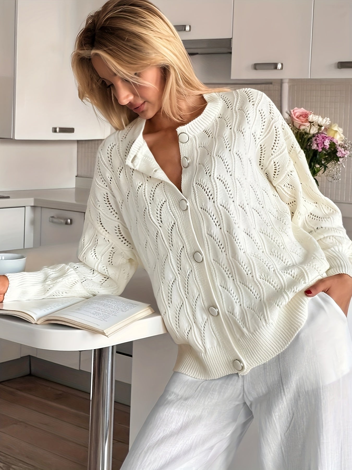 Women's Openwork Knit Cardigan Lightweight Fashion Black Small