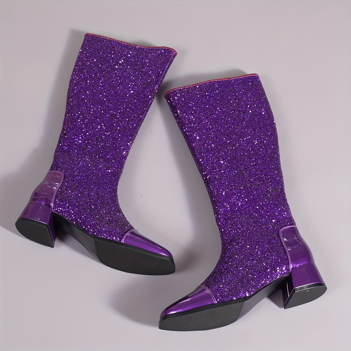 Women Glittery Purple Faux Cover High-Heel Boots with Square Toe