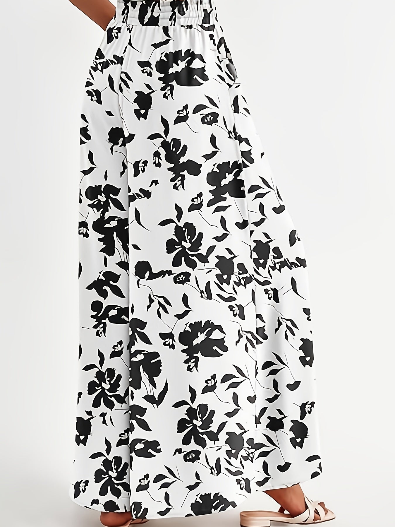 Plus-Size Women's Floral Print Pleated High-Waisted Wide-Leg Casual Beach Trousers