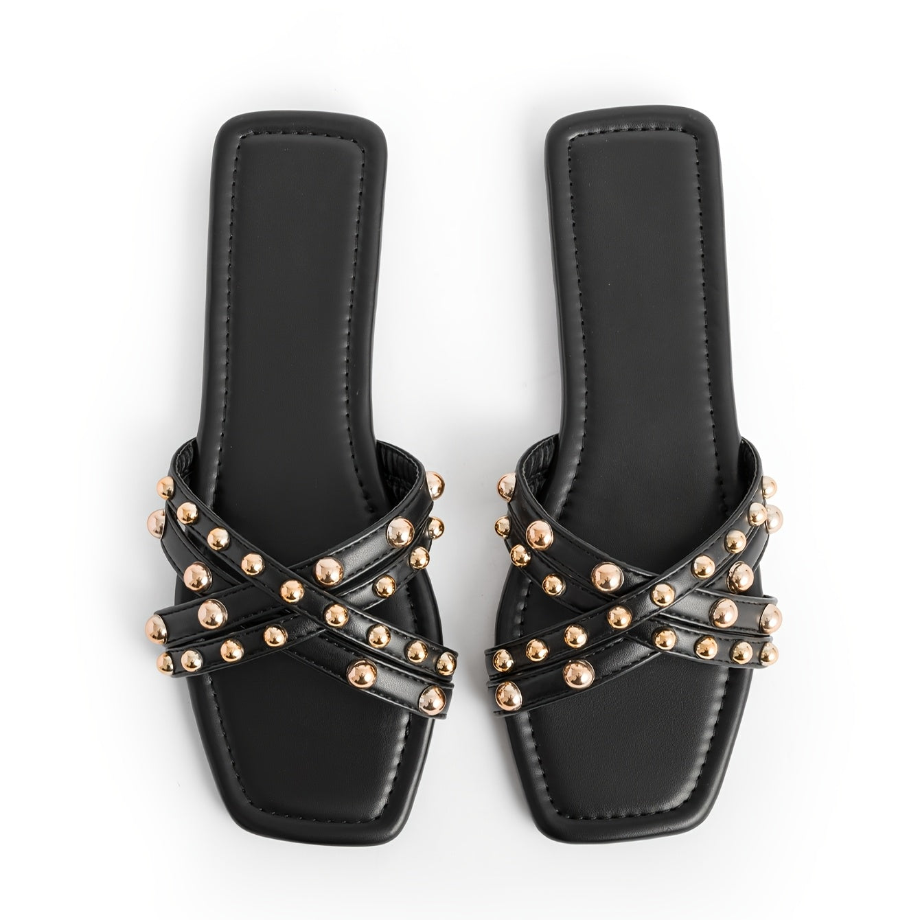 Women's Summer Rivet Embellished Square Toe Flat Sandals Casual Slip-On Open Toe Shoes