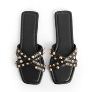 Women's Summer Rivet Embellished Square Toe Flat Sandals Casual Slip-On Open Toe Shoes