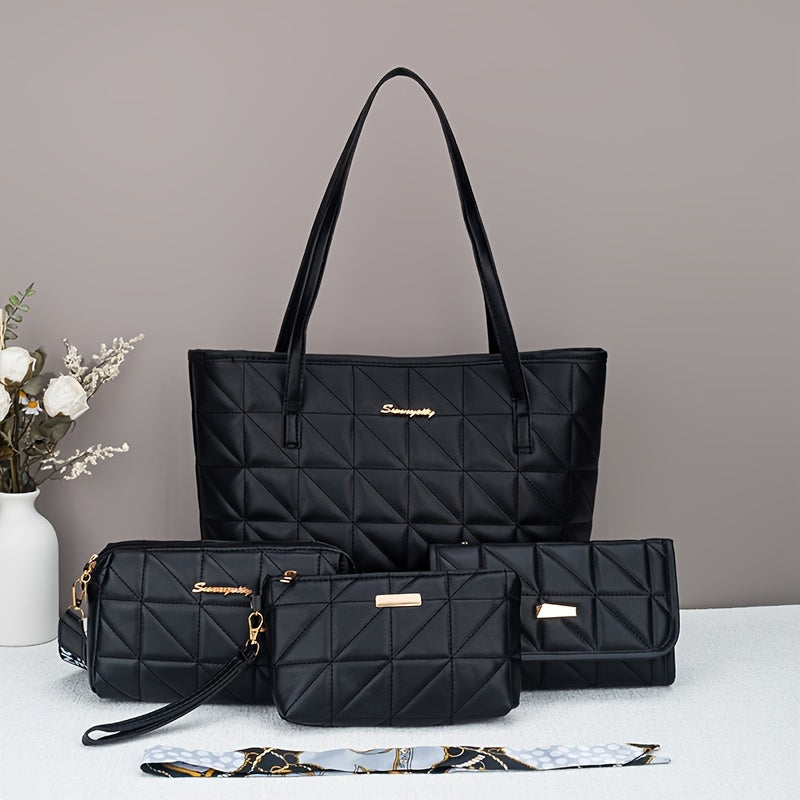 Lightweight Faux Leather Four-Piece Handbag Set with Rhombus Grid Design for Daily Use