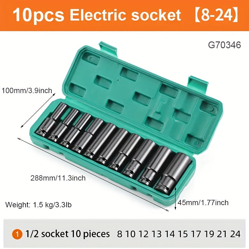 10 Pieces Deep Drive Impact Wrench Socket Set 1/2 Inch 8-24 Mm Carbon Steel