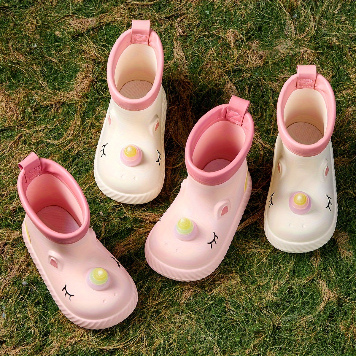 Kids Girls Pink and White Cartoon Unicorn Waterproof Rain Boots Slip-On Non-Slip Short Outdoor Hiking Toddler