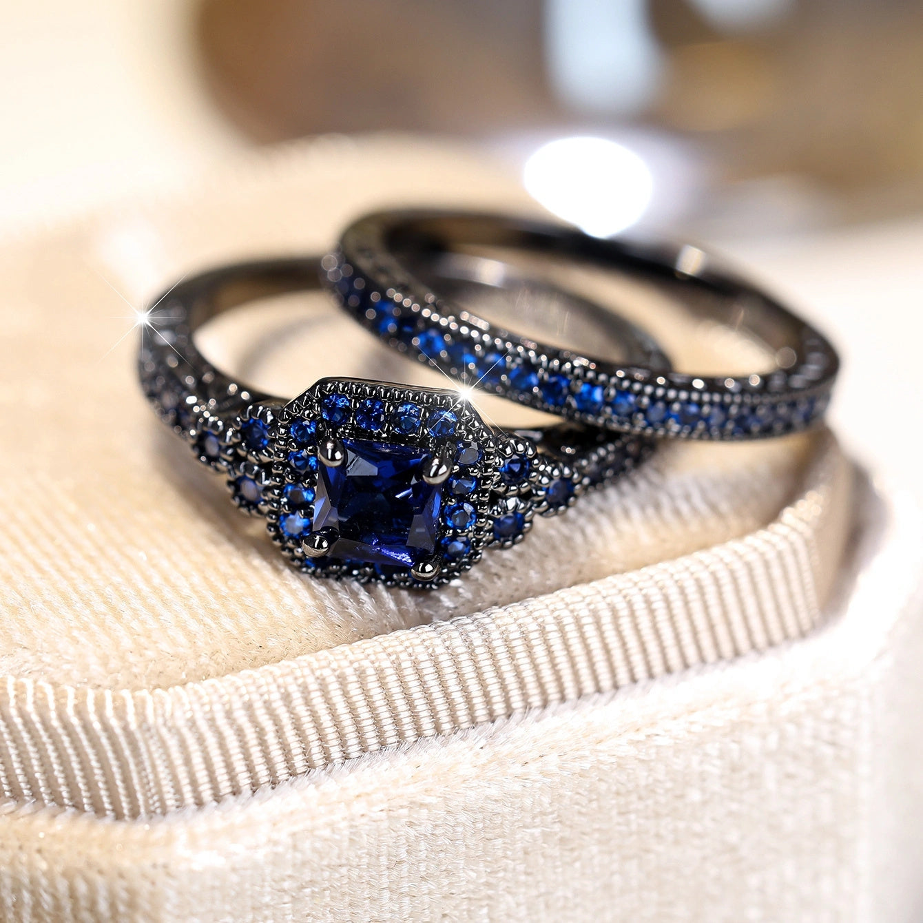 Set of 2 Elegant Promise Rings with Dark Blue Zirconia Halo and Eternity Band for Engagement or Wedding