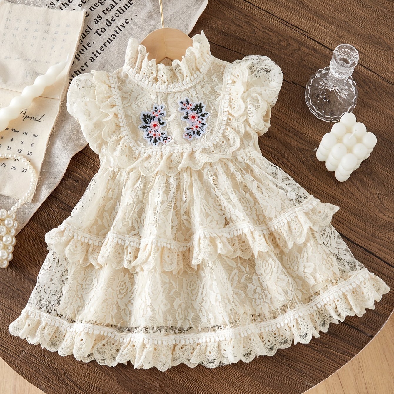 Baby Girl Dress Floral Embroidered Lace Tiered Fall Cotton for Infants
