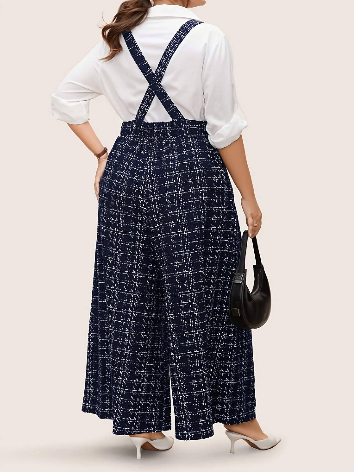 Plus Size Sleeveless Plaid Cross-Back Jumpsuit with Button Print