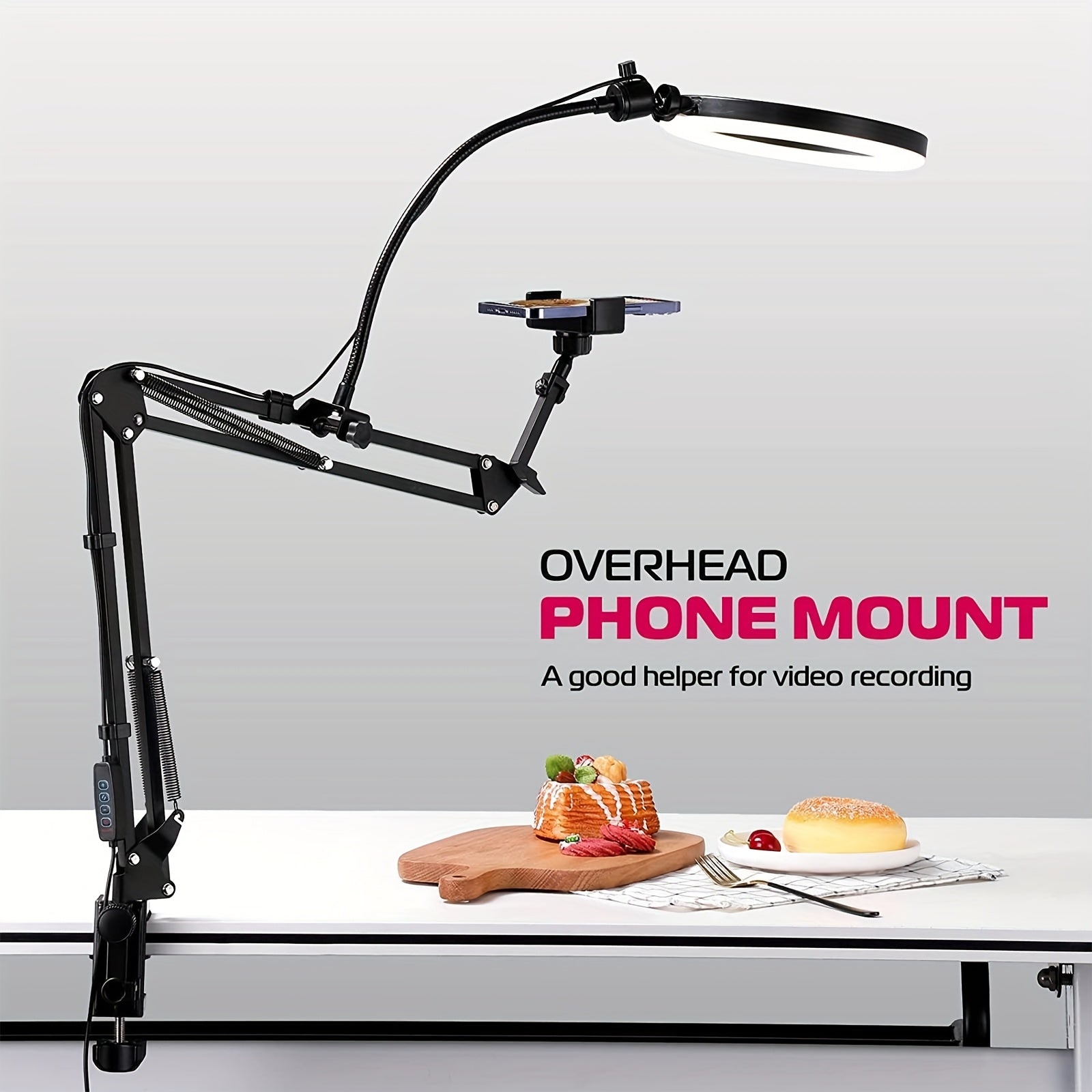 Алюминиовая подставка для телефона с кольцевым светом, крепление сверху для прямых эфиров, кулинарии, рисования, маникюра, черный