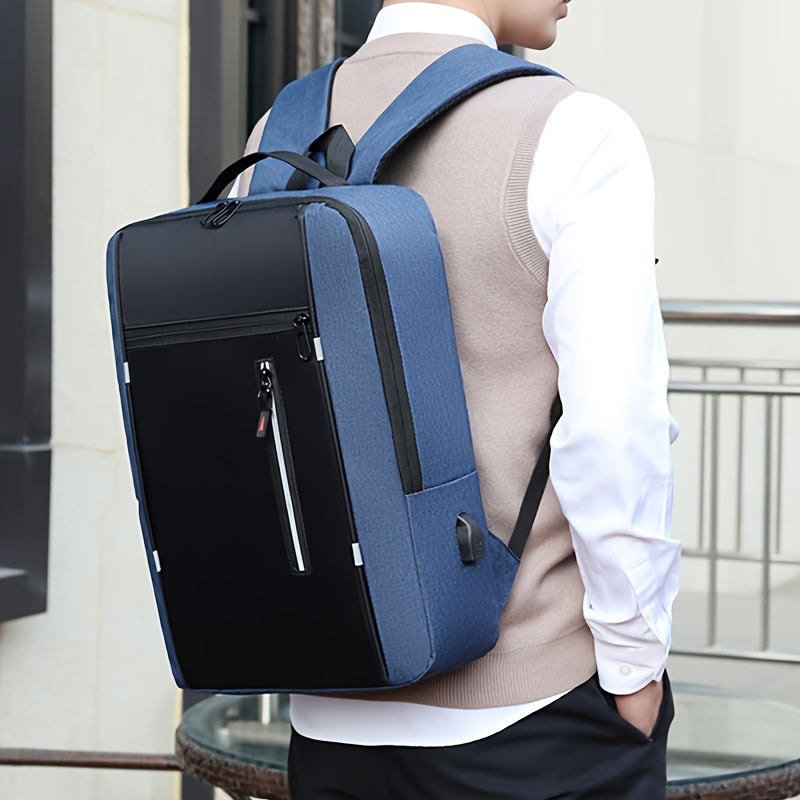 Men's Blue Nylon Backpack with Laptop Compartment USB Charging Port and Adjustable Straps