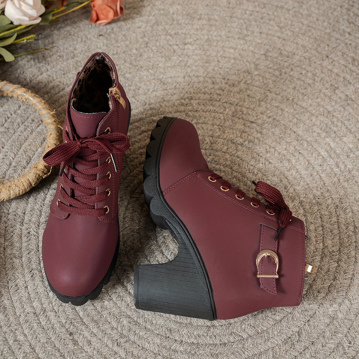 Women's Leather Ankle Boots with Side Zipper and Buckle for All Seasons